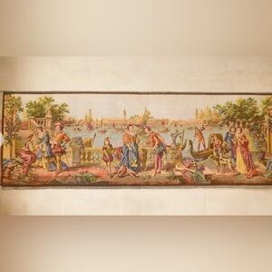 Vintage European Aubusson Style Woven Wall Tapestry Italy Harbor Scene 20”x57”